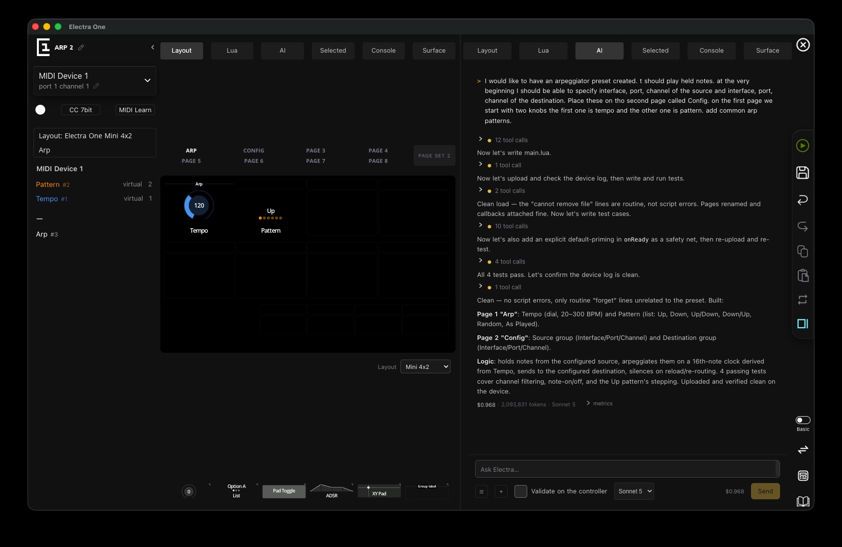 The AI tab mid-session: a single prompt describing an arpeggiator with source, destination, tempo and pattern, followed by the assistant’s own tool calls, a summary of the finished preset, and a running cost of $0.968 on Sonnet 5