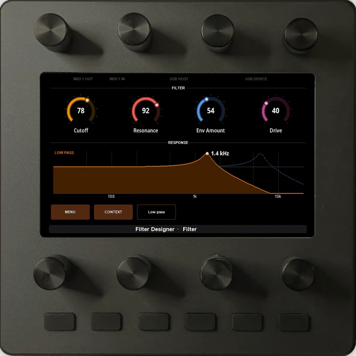 An Electra One Mini running the Filter Designer preset: cutoff, resonance, envelope amount and drive above a filter response curve drawn on the display