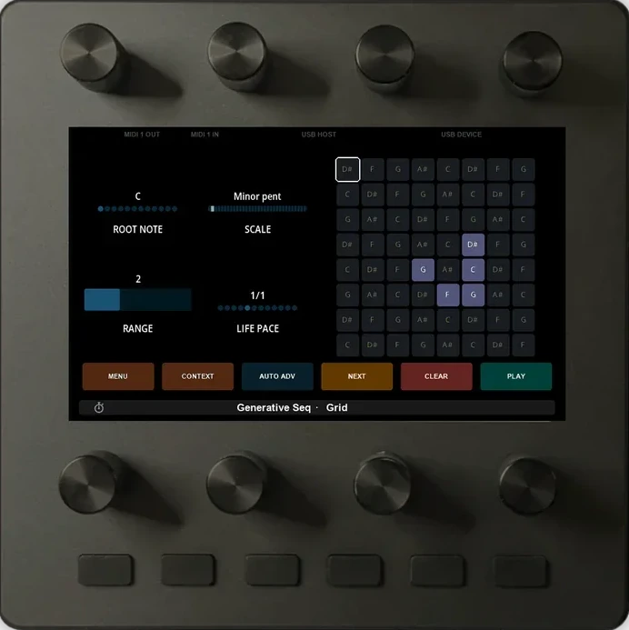 An Electra One Mini running a generative sequencer preset, its scale picker and step grid drawn on the display