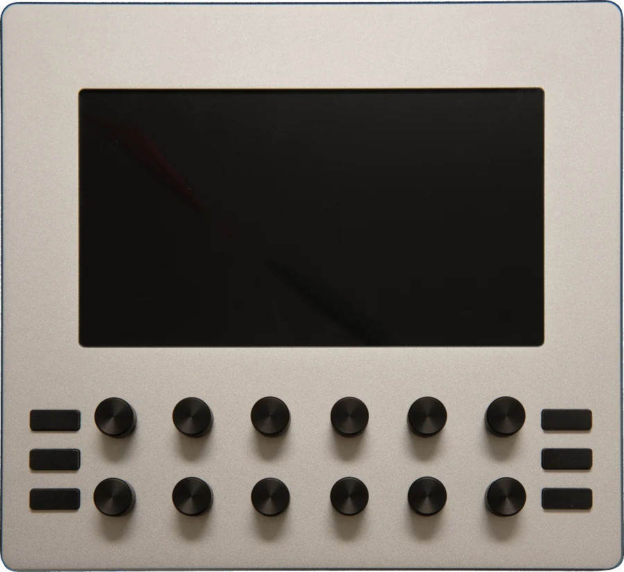 Electra One mk1, the original controller: a silver aluminium panel with twelve knobs and six buttons down each side, its screen showing a Roland MKS-50 preset page