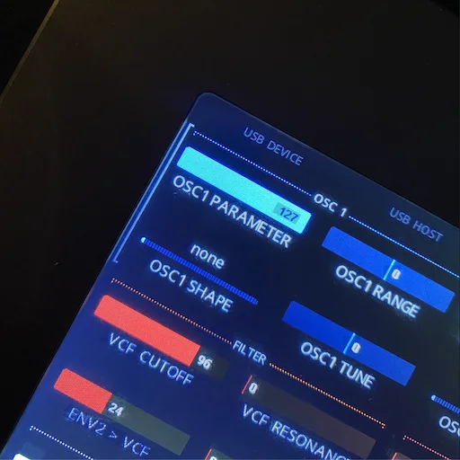 Close-up of an Electra One mk2 screen showing oscillator and filter parameters with their values