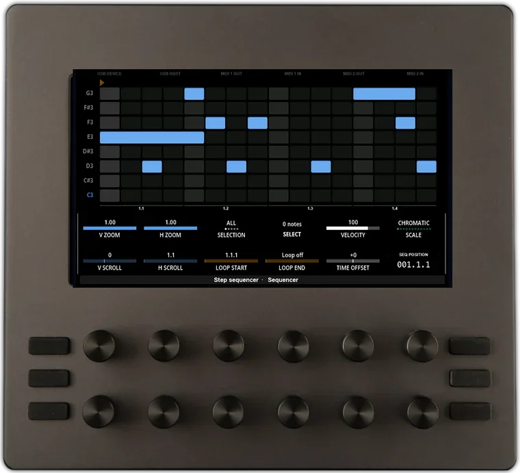 An Electra One mk2 running a step sequencer preset: a piano roll on the display with loop points, velocity, scale, and the six MIDI ports labelled along the top