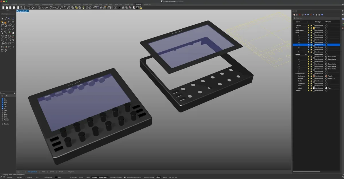 The mk3 enclosure in CAD: the body, the front panel and the glass drawn apart from each other