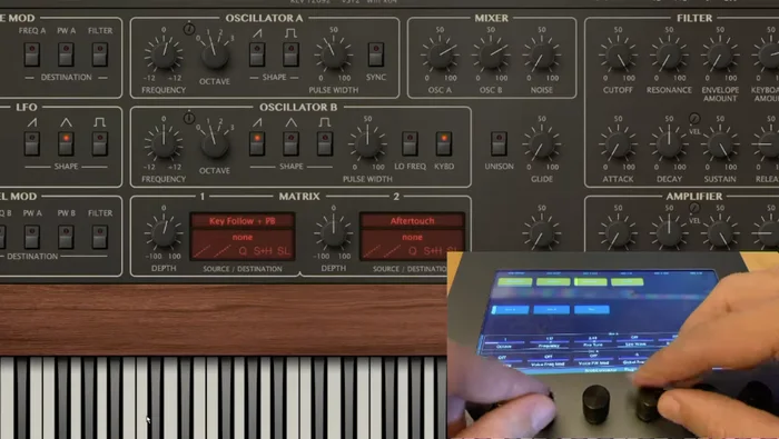 A synthesizer plugin open in Reaper, with an inset of two hands working the Electra One knobs that control it