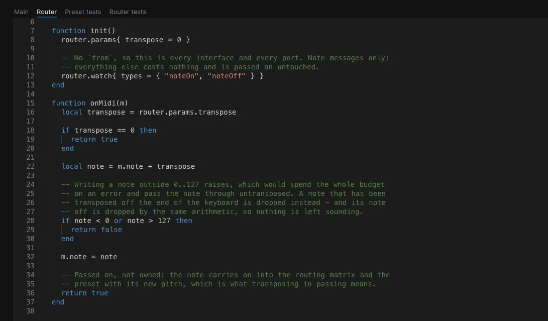 The Router tab of the editor, holding a Lua script that transposes every note passing through.
