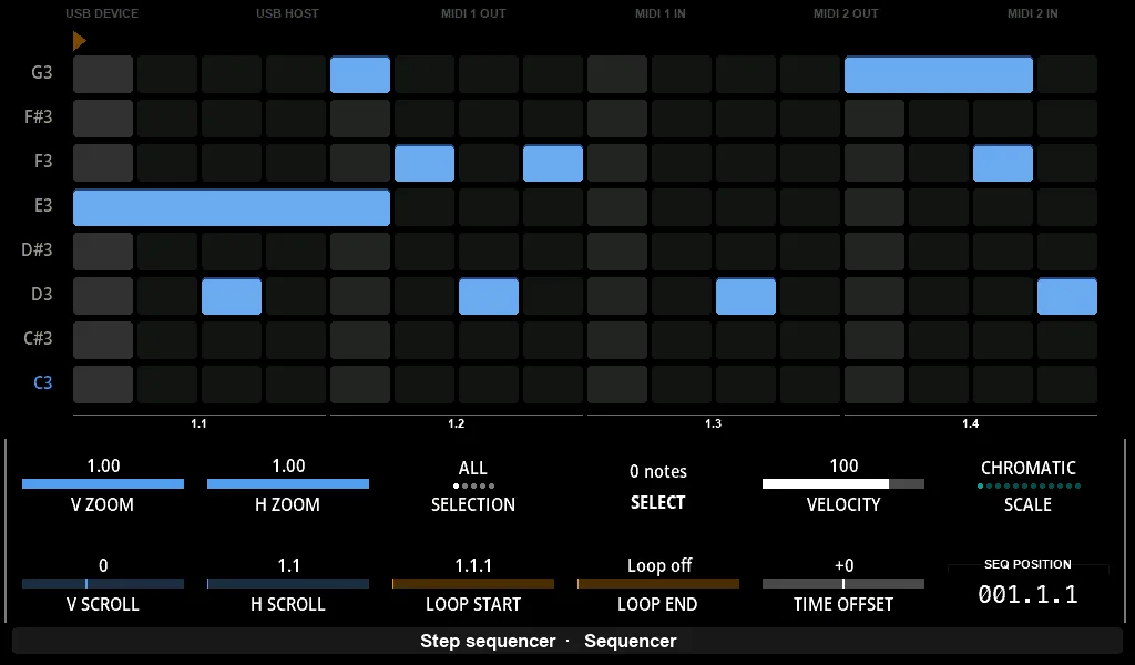 A step sequencer running on Electra One: a piano roll drawn on the display, with loop points, velocity, scale, and the six MIDI ports labelled along the top