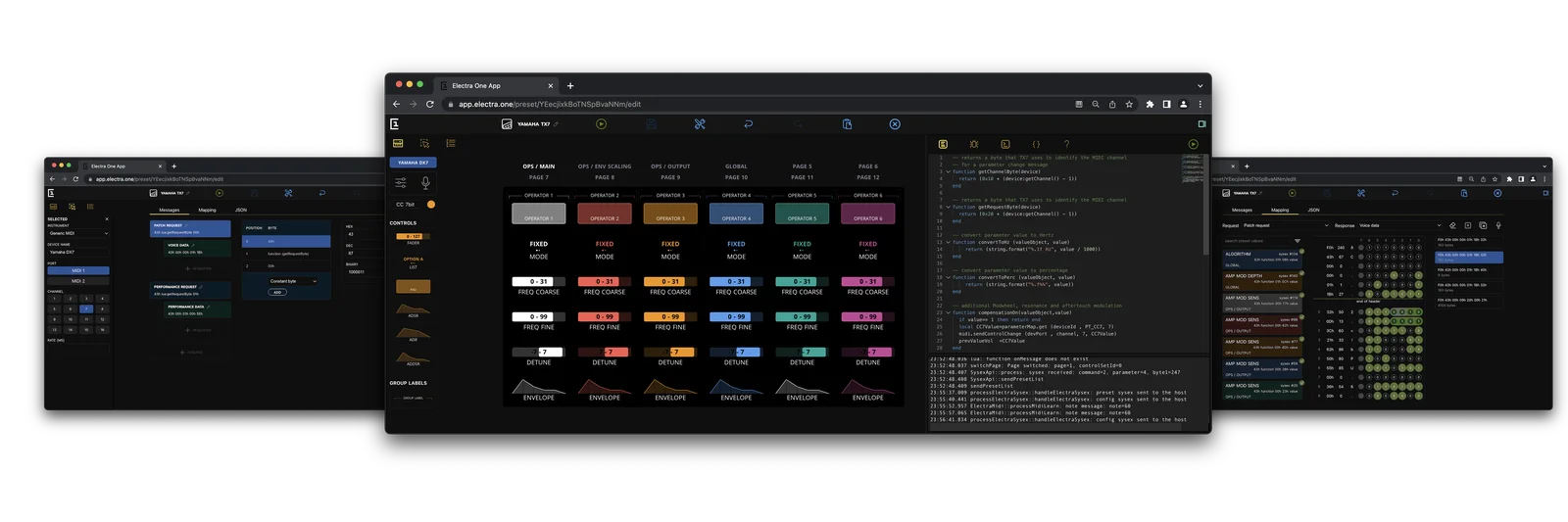 Four windows of the Electra One editor side by side: a preset layout, the parameter list, the Lua editor, and the MIDI console