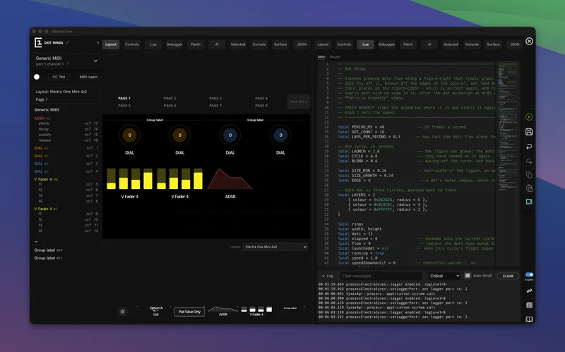 Electra One Editor with a visual preset layout, Lua code editor, and console side by side