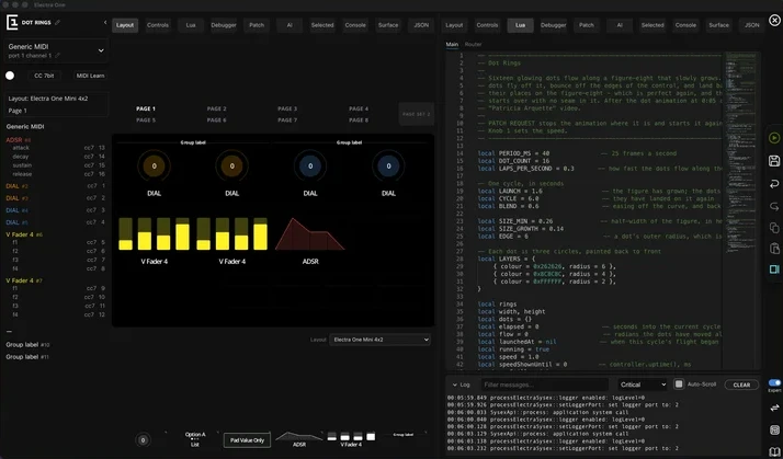 The preset editor: a visual preset layout, the Lua script and the console side by side