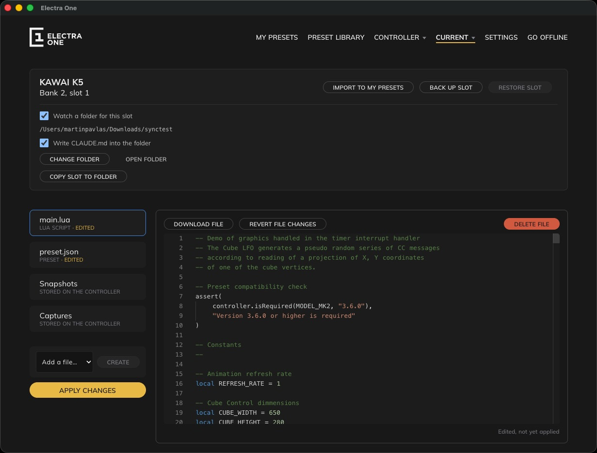 The Current slot page of the Editor watching a folder: main.lua and preset.json marked as edited, with Apply changes below them