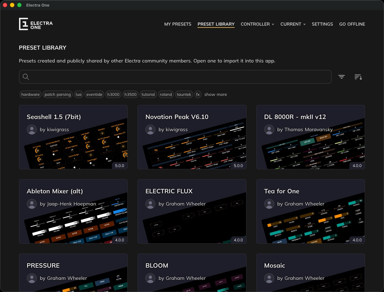The preset library inside the app, showing presets shared by other Electra One users, with search, tags and sorting