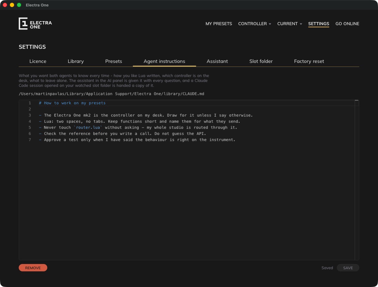 The Editor’s Settings page, on its Agent instructions tab: the CLAUDE.md in the library folder open in the editor, with Save and Remove beneath it