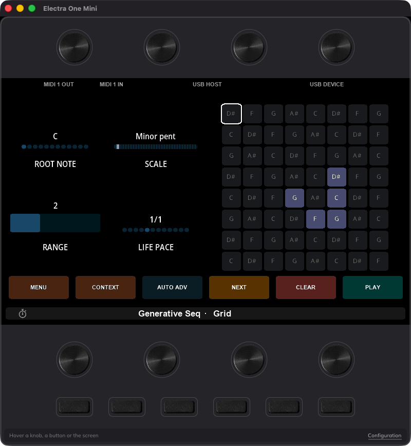 The virtual Mini in a window: a generative sequencer on the display, with the four knobs above and below it and the six buttons at the foot