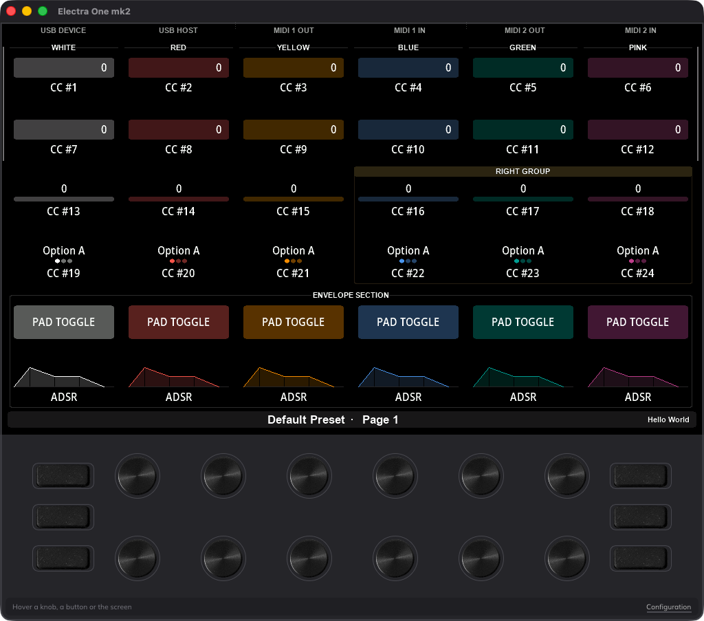 The virtual mk2 in a window: the display with a preset’s faders, lists and pads, and the twelve knobs and six buttons drawn beneath it