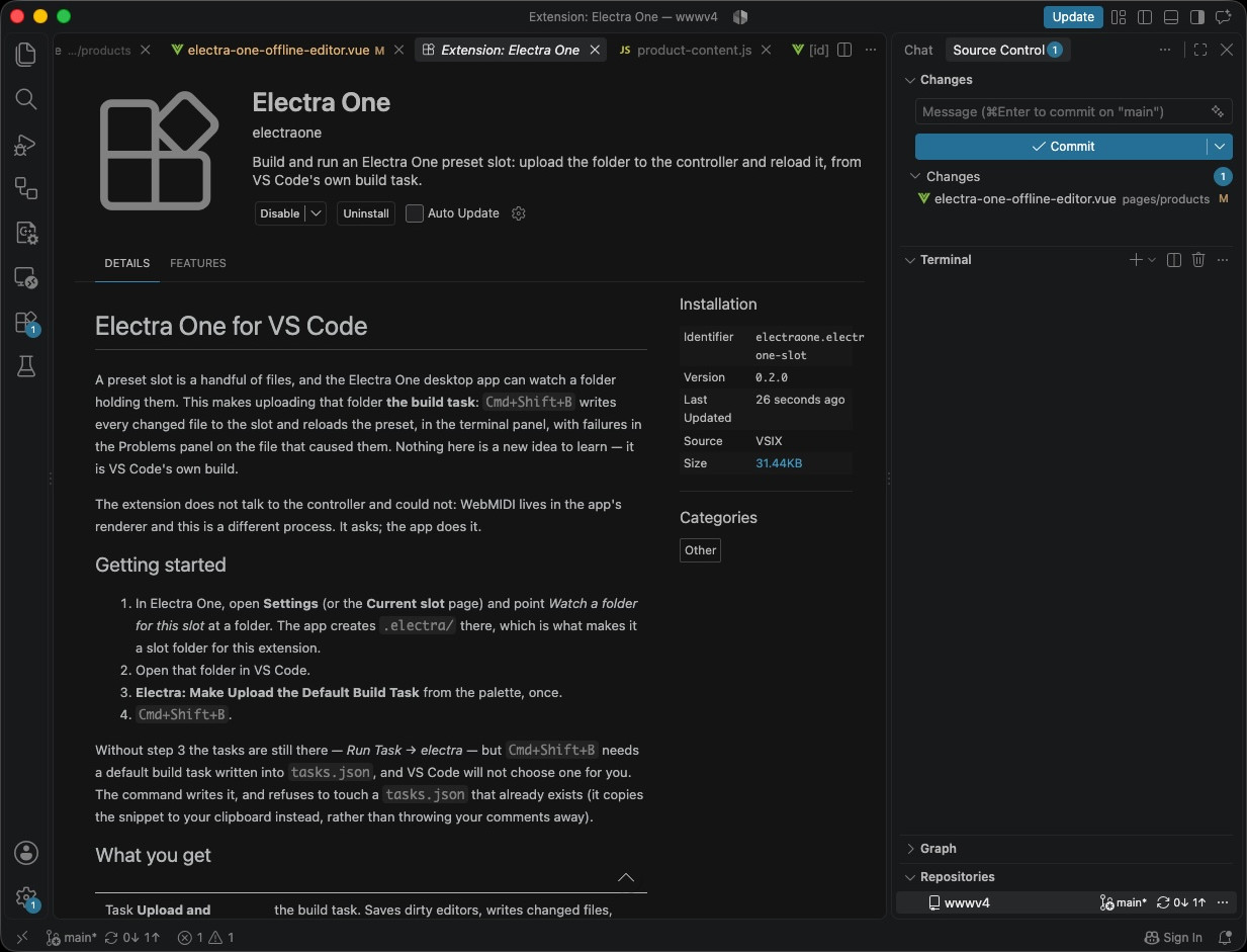 The Electra One extension open in VS Code, showing its page in the extensions pane next to the preset files being edited